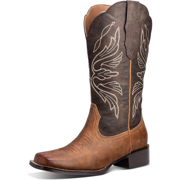 DPTIQRW Womens Brown Fashion Western Cowboy Boots Square Toe Wide Cowgirl - Picture 1 of 7